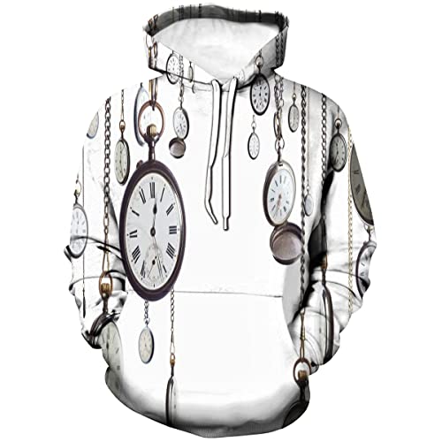 Cerbukt Men's 3D Novelty Hoodies, Many Old Fashioned Pocket Watch on Chain Clocks Chronometer Hours Antique-2XL