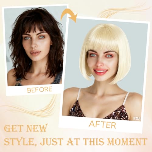 Image of PLULON Blonde Short Bob Wig with Bangs for Women, Colorful Neon Short Bob Synthetic Hair Wigs with Hair Cap Heart Sunglasses for Girls Daily Bachelorette Halloween Costume Party Supplies