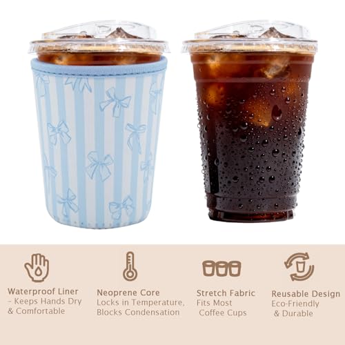 Image of Reusable Insulated Sleeve for Iced Coffee Cup, Coffee Neoprene Sleeve for Cold & Hot Drinks, Beverage Holder for Iced Coffee (Blue Stripe Bows, Small: 16-18oz)