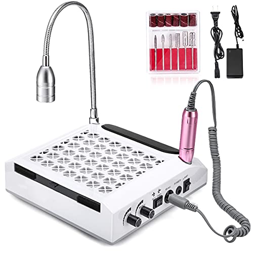Noverlife 3-in-1 Nail Drill Machine with Nail Dust Collector & LED Lamp & Nail Drill Bits, Multifunctional Salon & Home Equipment Nail Grind Polishing Nail Machine for Acrylic Gel Nails