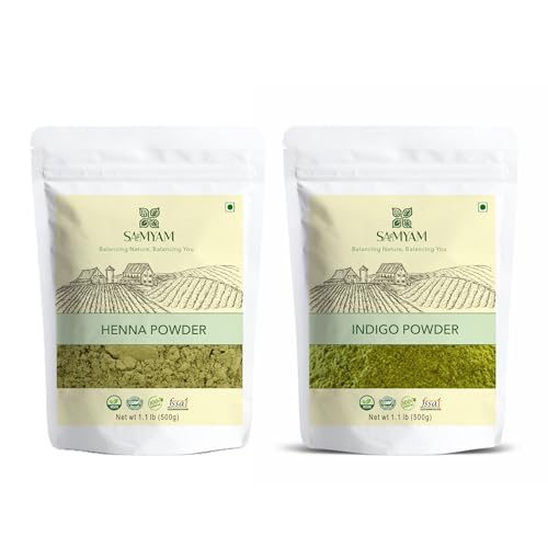 SAMYAM Combinación de polvo puro de henna e índigo (paquete de 500 g) | Colorante natural para el cabello, henna rajasthani triplemente tamizada, sin PPD