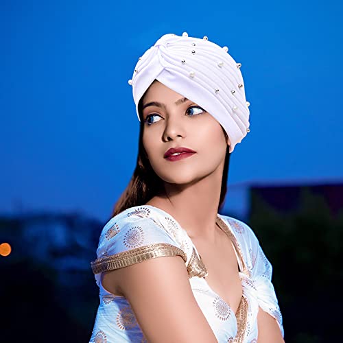 5 Pieces African Turbans Pre Tied Knot Headwrap Faux Pearl Bead Head Beanie Bonnet Soft Headscarf Women Sleep Cap White Red #TOP4