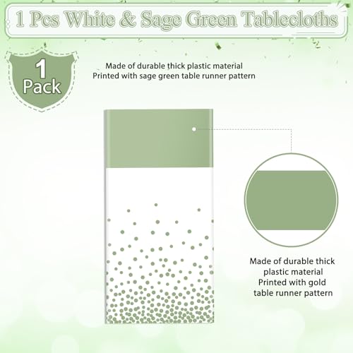 Image of 1Pcs White and Sage Green Tablecloth Decorations,Plastic White Table Cloth Printed Green Table Runner Disposable Rectangle Tables Cover for Birthday Wedding Anniversary Graduation Party,54 x108 Inch