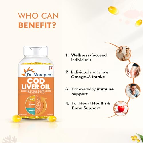 Dr. Morepen COD Liver Oil Capsules | Finest Natural Omega 3, EPA & DHA | Pack of 100 Softgels