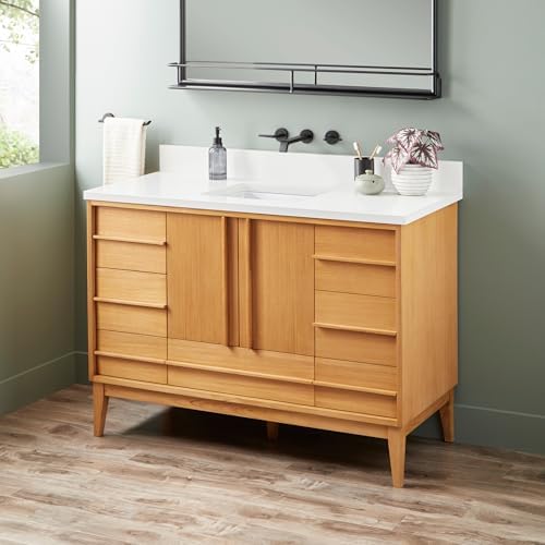 Signature Hardware 955208-48-RUMB Sybill 48" Freestanding Teak Single Basin Vanity Set with Cabinet, Vanity Top, and Rectangular Porcelain Sink - No Faucet Holes - Natural Teak/Arctic White