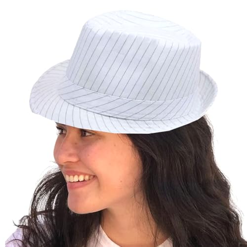 SILVERFEVER Banded Stripe Fedora Pinstripe Thin Brim Trbly Hat Ganster Gatsby Costume Hats Beige