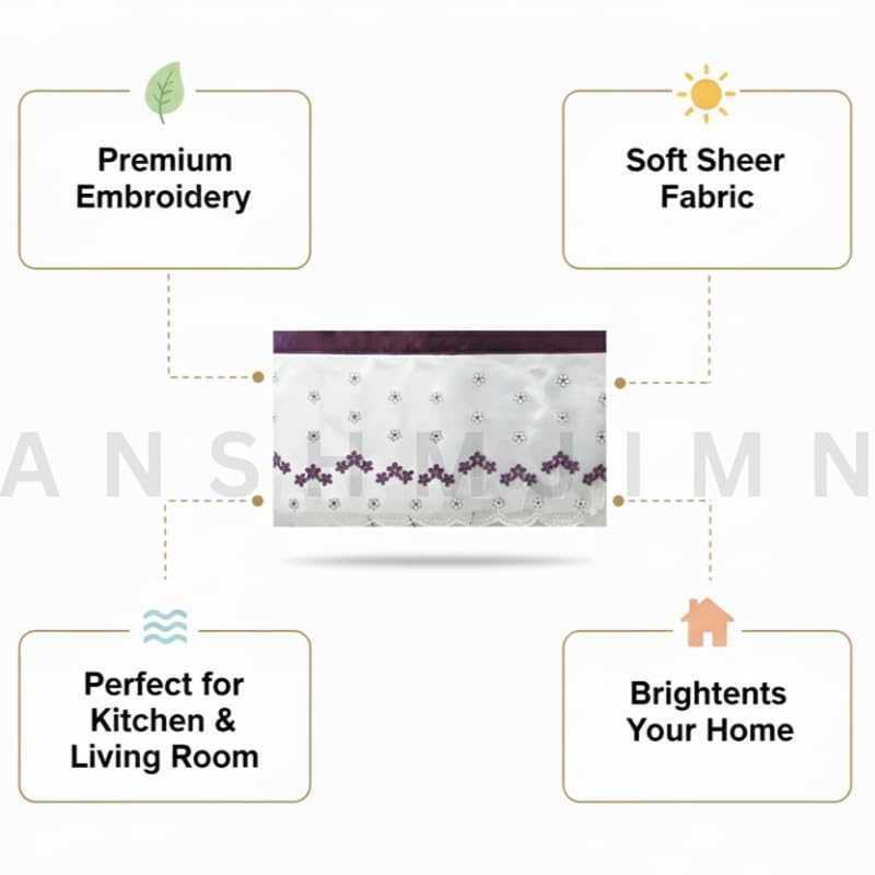 Image of Short Window Curtain for Kitchen, Living Room, Cafe, Restaurant & Home Decor | Elegant Half Window Valance | Length - 24 Inch, Width - 42 Inch (White Flowerpot, Small)