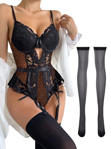 Image of Sexy Stocking Lace Mesh Bodysuit Top Underwire Garter Lingerie Set 3 Piece