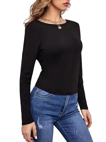 LilyCoco Womens Backless Long Sleeve Top Boat Neck Sexy Tie Back Shirt Solid Tee3