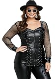 Nihsatin Women's Plus Size Lace up PU Leather Tops Sexy Hollow Out Sleeve Gothic Corset Top Black