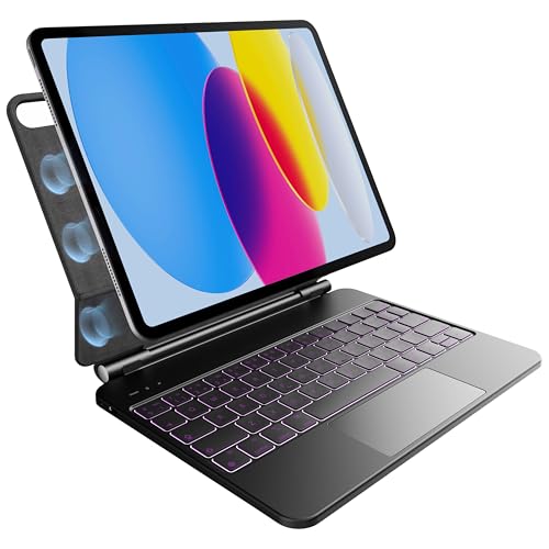 Capa com teclado para iPad A16 2025 e iPad de 10.ª geração 2022, retroiluminação em 7 cores, painel de toque multitoque, design magnético flutuante, preto