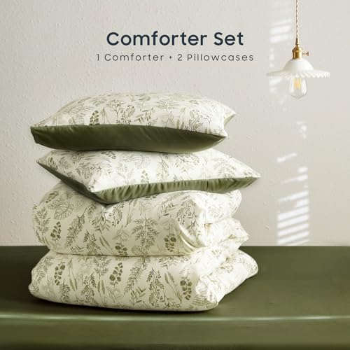 Image of Wake In Cloud - Floral Comforter Set, Botanical Vintage Flower Coquette Cottagecore Aesthetic for Women Teen Girls, Soft Lightweight Dorm Bedding, 3 Pieces, Olive Green, Twin /Twin XL Size