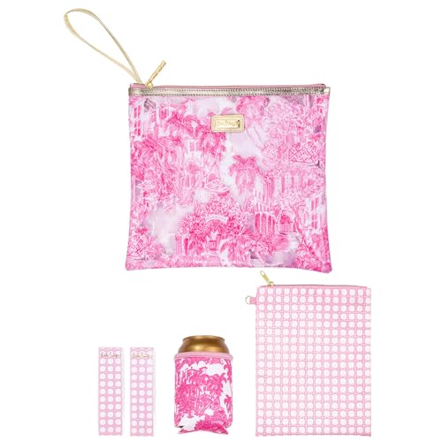 Image of Lilly Pulitzer Water Resistant Vinyl Beach Day Pouch, Zipper Bag Includes Drink Hugger, Small Pouch, and Towel Clips (Palm Beach Toile)