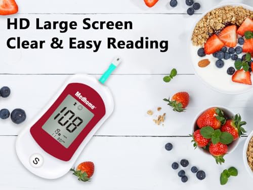 Medhome Blood Glucose Monitor Kit, 100 Glucometer Strips, 100 Lancets, 1 Lancing Device, 1 Blood Sugar Monitor with Control Solution, Large Memory Capacity, No Coding.