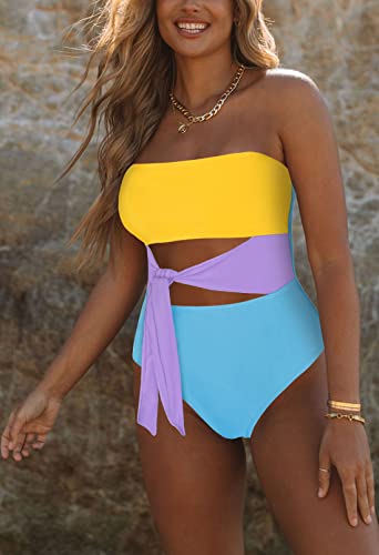 Image of Viottiset Women's Bandeau One Piece Swimsuit Strapless Tie High Cut Out Bathing Suit