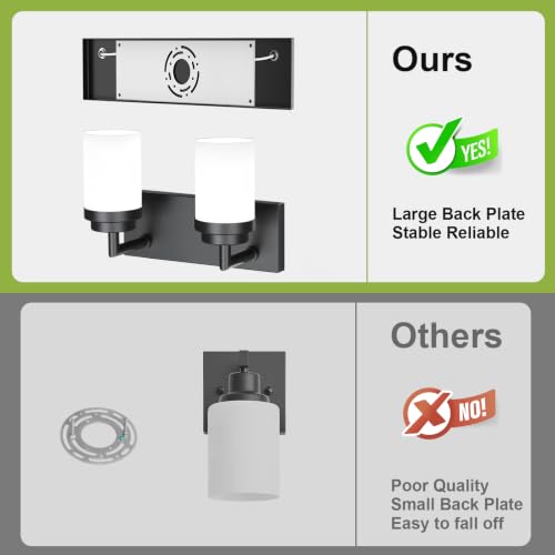 Image of Bathroom Light Fixtures, Matte Black Bathroom Lighting Fixtures Over Mirror, Modern Vanity Light with White Glass Shade, Restroom Lighting Fixtures, 2-Light 13-inch