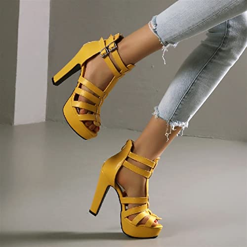 jianchi Women Plus Size Chunky Heel Cutout Shoes Wedding Prom Party Sandals Fashion Summer High Heels Sexy Fish Mouth Sandals (Color : Yellow, Shoe Size : 8)4