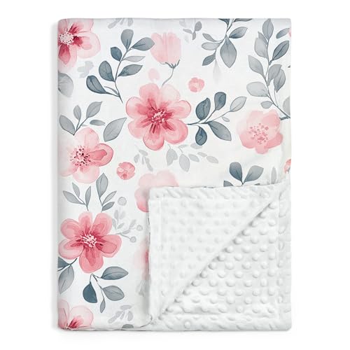 Image of Floral Minky Baby Blanket 30 x 40 Inches for Boys Girls, Soft Plush Receiving Blanket with Dotted Back, Gift for Toddler Newborn Infant Christmas Birthday Baby Shower