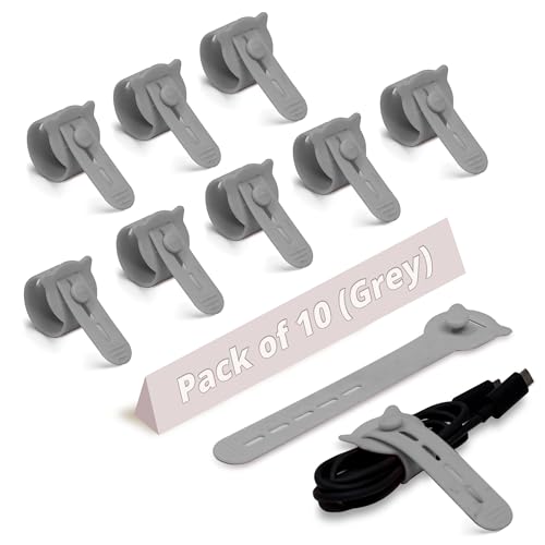 Image of LivingBasics 10 Pcs Silicone Reusable Cable Ties /Wire Ties /Adjustable Cable Organizer /Elastic Cord Organizer /Reusable Silicone Cord Straps for Earphones, PC, Wires, Chargers, Desk (Grey)