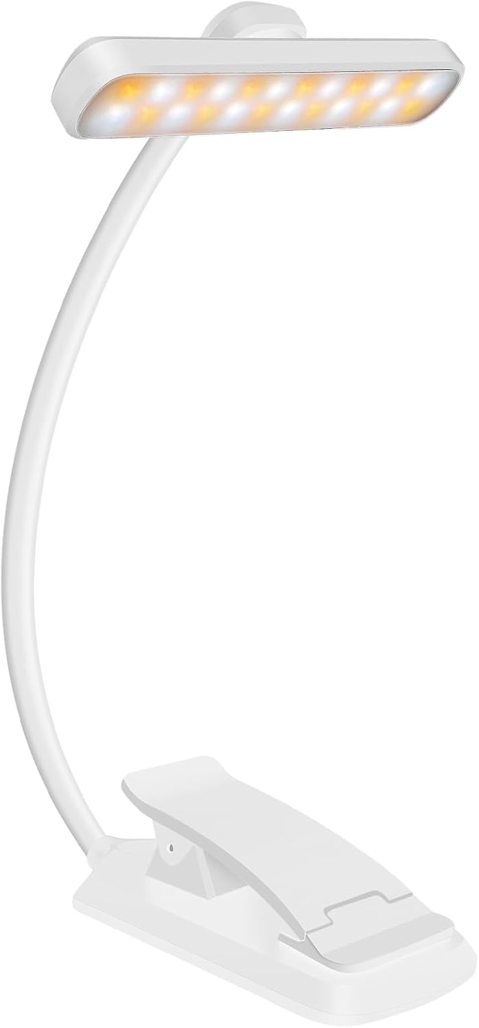 karidi Rechargeable 24 LED Book Light for Reading, 360° Flexible Gooseneck, 5 Color Tones, Clip-on for Books/Tablet/Bed, USB-C, 80H Glare-Free Eye Care (White)