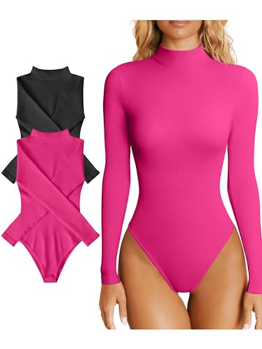 OQQ Bodysuits für Damen 2er Pack Elastisch Rollkragen Basic Langarm Sexy Bodysuits Schwarz Rosa