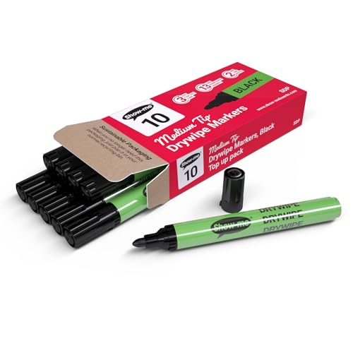 SHOW-ME - Whiteboard Markers | Drywipe, Erasable Black Medium Tip 2mm Line | Classroom Board Writing Pens with 3-Day Cap-off, Box of 10