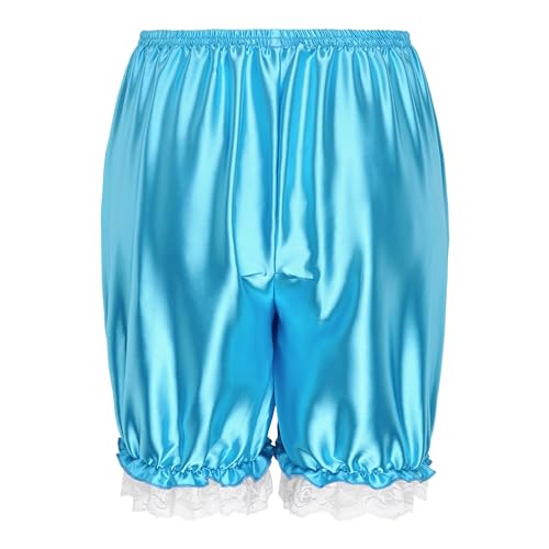 Satini Frilly Lace Sissy Ruffled Victorian Lolita Bloomer Shorts Silky Satin Pumpkin Pantaloon Pettipants (Aqua Blue, L) - Thumbnail 2