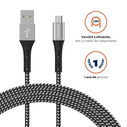 Geonav Cabo USB-A para micro USB, 1.2 metros, nylon trançado, resiste até 10 mil dobras, tranferênci