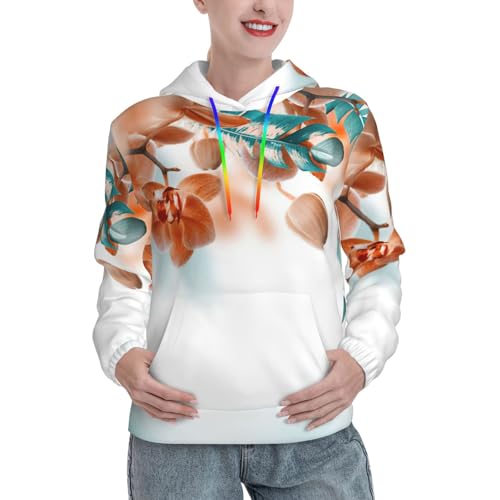 Sweat à capuche graphique confortable à poche kangourou et imprimé orchidée