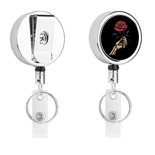Skeleton Hand Holding Rose Retractable Badge Holder Metal ID Name Holder Key Ring with Belt Clip