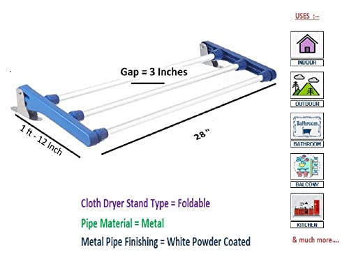 Image of Dhani Creations Mild Steel Wall Mounted Foldable Drying Rack /Drying Stand - 3 Pipe X 2 Feet /24 inches (Blue and Silver, 2 feet 4 Inches)(Alloy Steel)