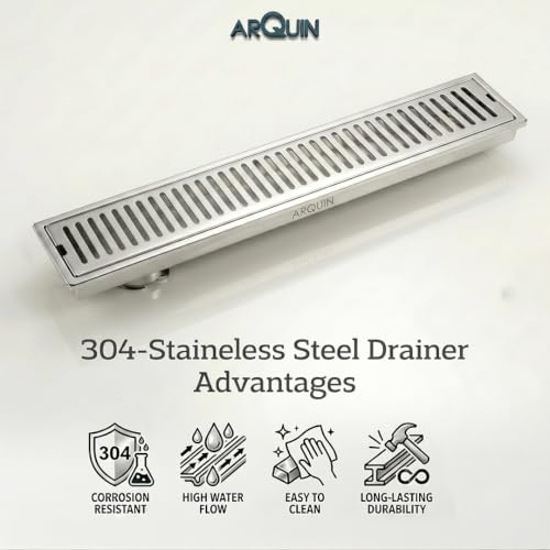 Image of ARQUIN Floor Drainer 24x4 Inch Shower Drain Channel 304 Grade Stainless Steel Bathroom Floor Drainer | Shower Water Drain Jali Channel for Bathroom with Cockroach Trap (1mm Thickness)