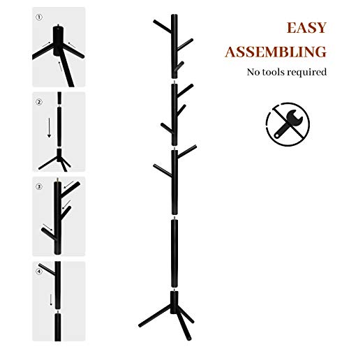 Dadill Wooden Tree Coat Rack With 3 Adjustable Sizes, 8 Hooks, Easy Assembly Free Standing Solid Coat Hanger Stand For Clothes, Garment, Hats, Umbrellas, Scarves In Hallway, Entryway, Black #TOP3