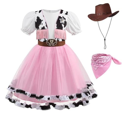 HAPNBCELE Pink Cowgirl Costume for Girls Cow Outfits with Hat Halloween Cosplay (Pink, 9-10 Years)