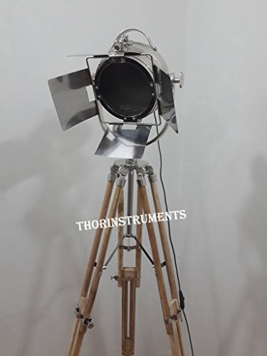 THOR INSTRUMENTS Studio Chrome Spot Light Searchlight with Teak Wood Three Fold Tripod Stand Rustic Vintage Home Decor Gifts