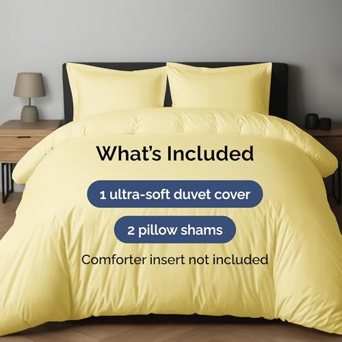 Image of Duvet Cover Full Size Set - Extra Soft Full Duvet Cover 80 inch x 90 inch with 2 Pillow Shams for Women, Men, Kids & Teens - Hotel Luxury, Easy-Care w /Zipper Closures & Ties - Comfy and Breathable (Yellow)