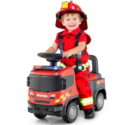 Licensed Scania Ride on Push Car by INFANS with 3 Sound Effects, Storage, Toddler Sliding Fire Fighting Truck, Red