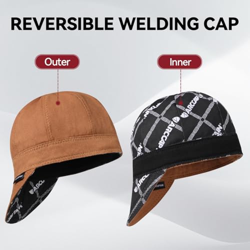 ARCCAPTAIN Reversible Welding Cap, 8 Panel Protective Welders Cap, 10 oz Fireproof Cotton Comforts for Safety and Protection While Welding to Men Women, Khaki, 7 1/4