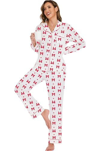 Image of LUBOT Christmas Pajamas for Women 100% Cotton Pajama 2 Piece PJ Set Soft Long Sleeve Button Xmas Print Loungewear XS-XXL