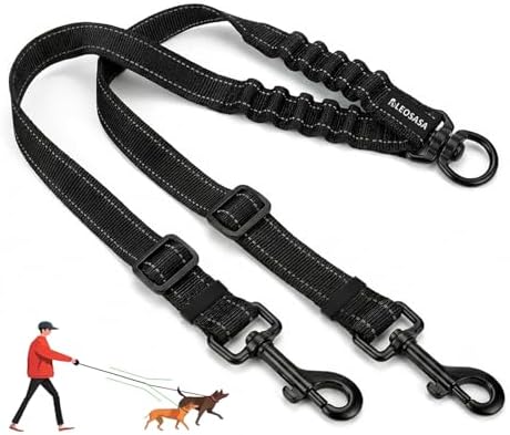 LEOSASA Double Dog Leash for 2 Dogs - No Tangle 360°Swivel Splitter with Reflective Stitching, Adjustable Length and Stretchy Shock-Absorbing Comfort, for Small/Medium Dogs Walking Training (L(2.5cm))