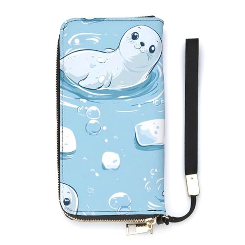 Cute Seals Pattern Women's Leather Clutch Wallet with Zip Card Holder Hand Strap Large Capacity