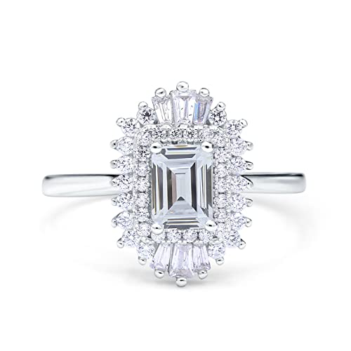 Blue Apple Co. Simulatedd Cubic Zirconia Size-10 Emerald Cut Vintage Art Deco Halo Wedding Bridal Engagement Ring Baguette Simulated CZ 925 Sterling Silver
