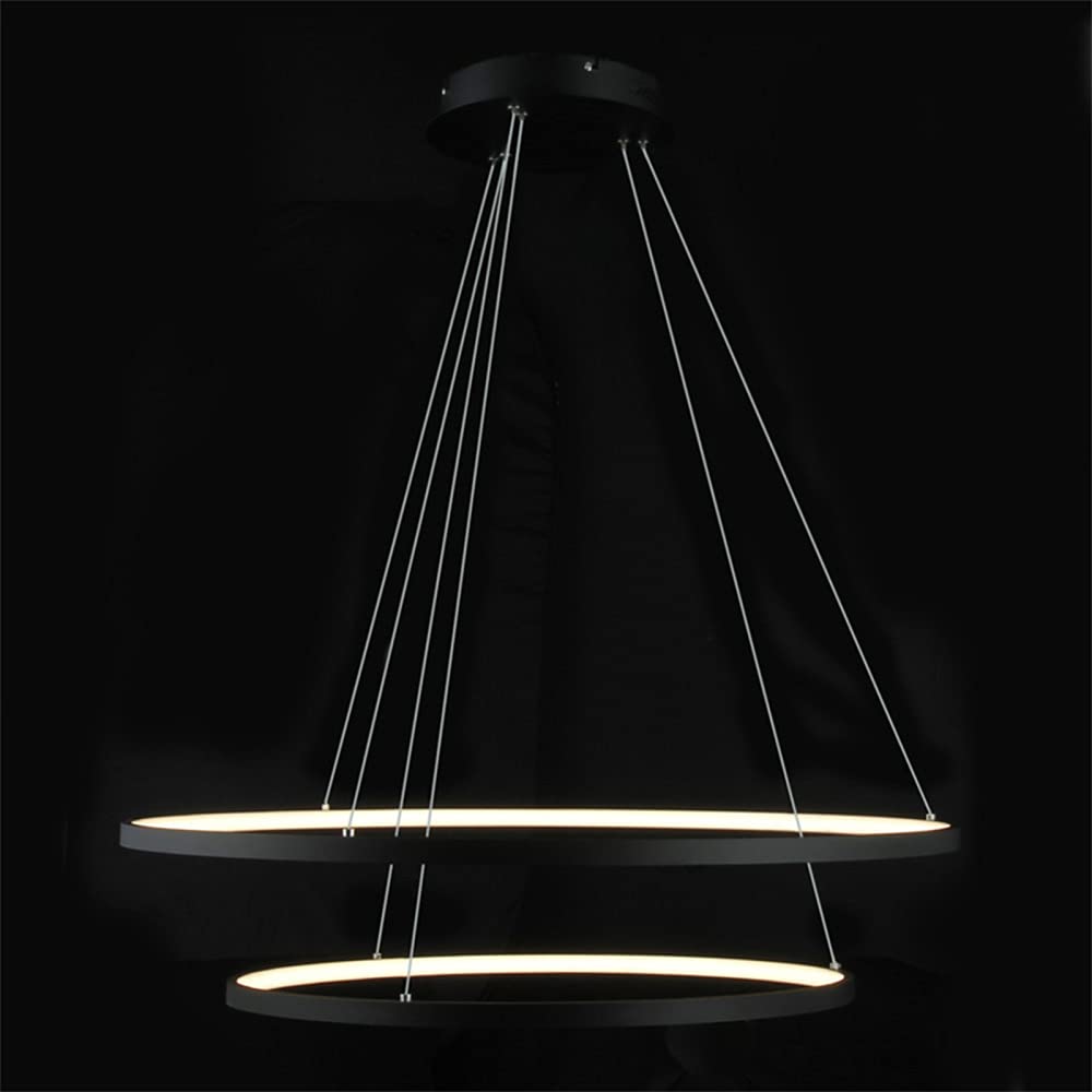Ring Circle LED Pendant Light, Modern Metal Acrylic Chandelier Height Adjustable Hanging Lamp For Living Room, Bedroom, Dining Table,Black+Stepless Dimming-20＋40cm 38W