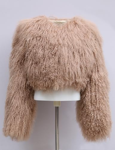 Women's Genuine Mongolian Fur Coat Fluffy Cropped Jacket Shaggy Outwear Long Sleeve Warm Winter2