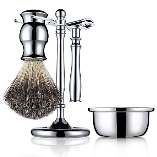 Stainless Steel Wet Shaving Set Including 100% Pure Badger Hair Brush, Manual Double-sided Razor, Stand Holder, Soap Bowl, Great Gift Option for your Man