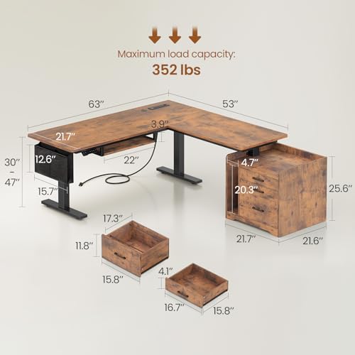 Image of SEDETA L Shaped Electric Standing Desk with File Cabinet, 63 x 53'' Height Adjustable Home Office Computer Desk with 3 Drawers, Power Outlet, Stand up Gaming Table with Led Lights, Rustic Brown