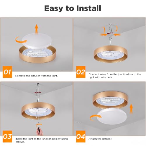 Image of LUTEC Flush Mount Ceiling Light, 13in 23W Dimmable LED Ceiling Lights, 3000K Daylight, 3000lm Super Bright Energy-Efficient Modern Lamp for Bedroom, Hallway, Kitchen(Gold)