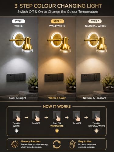Image of FILLISKA 3 in 1 Single Wall spot /Picture /Display /Mirror Light with Adjustable Head and Colour Changing Function (Luxurious Gold-987)