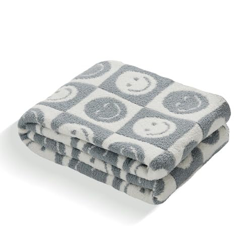 Image of VBC Checkered Throw Blankets with Smiley Faces Reversible Soft Cozy Warm Blanket for Bed Sofa (Grid Smile,Slate Gray,28"x40")