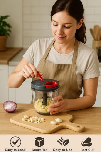 Image of Manual Vegetable Chopper | Pull Cord Food Chopper for Onion, Tomato, Garlic & Salad | Multipurpose Kitchen Chopper with Sharp Stainless Steel Blades | No Electricity Required